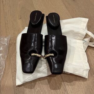 Tory Burch Brown pierced Leather Mules with Gold Accent
